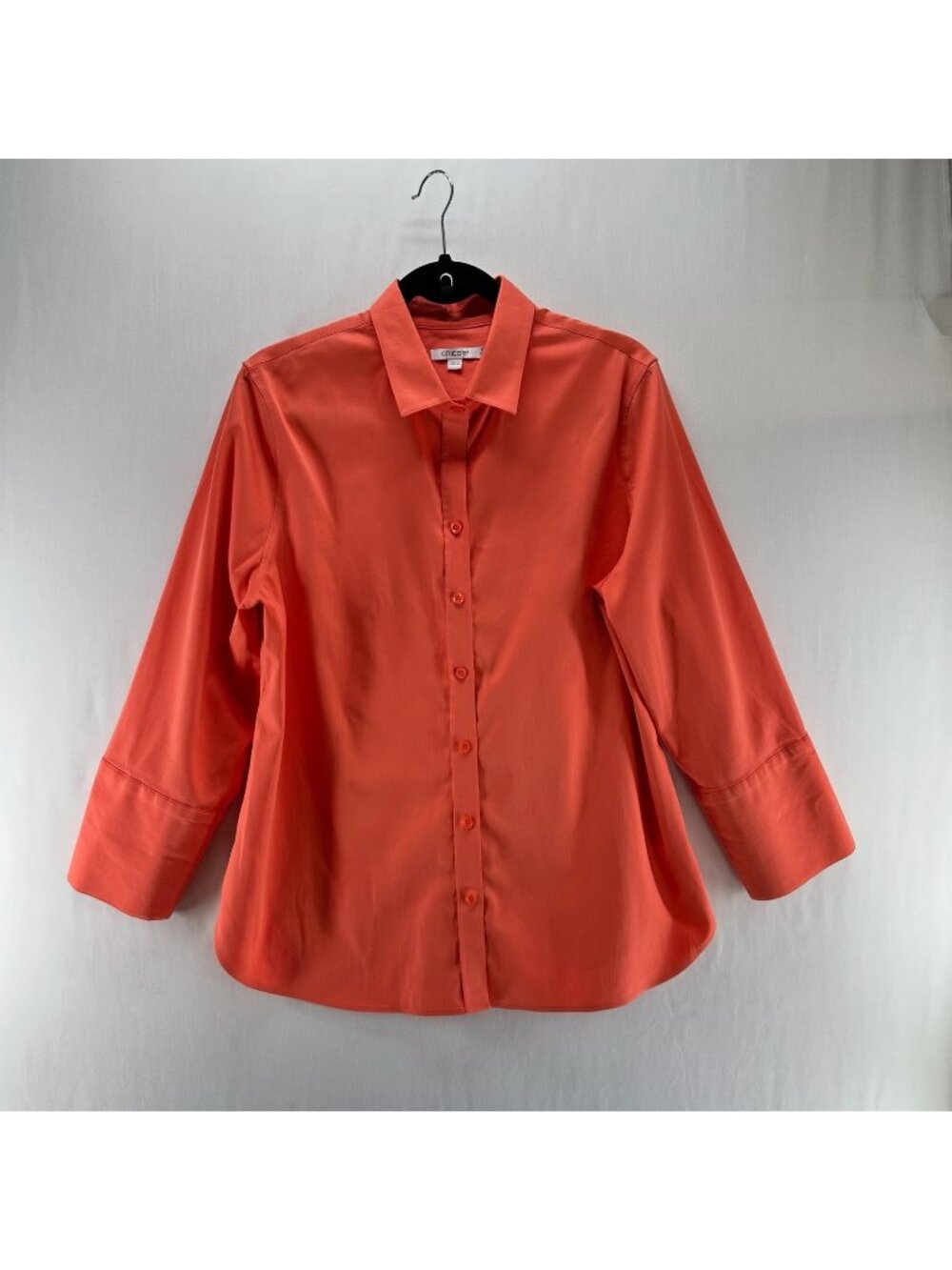 Chicos No Iron Shirt Size 2 US 12 Stretch 3/4 Sleeve Button Up Corporate Orange
